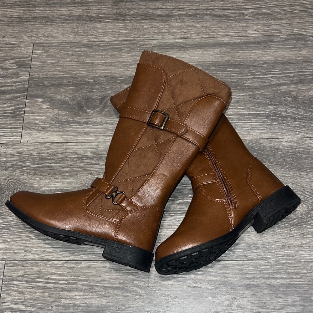 Rachel Shoes Girls' Tan Buckle Mid-Calf Riding Boots